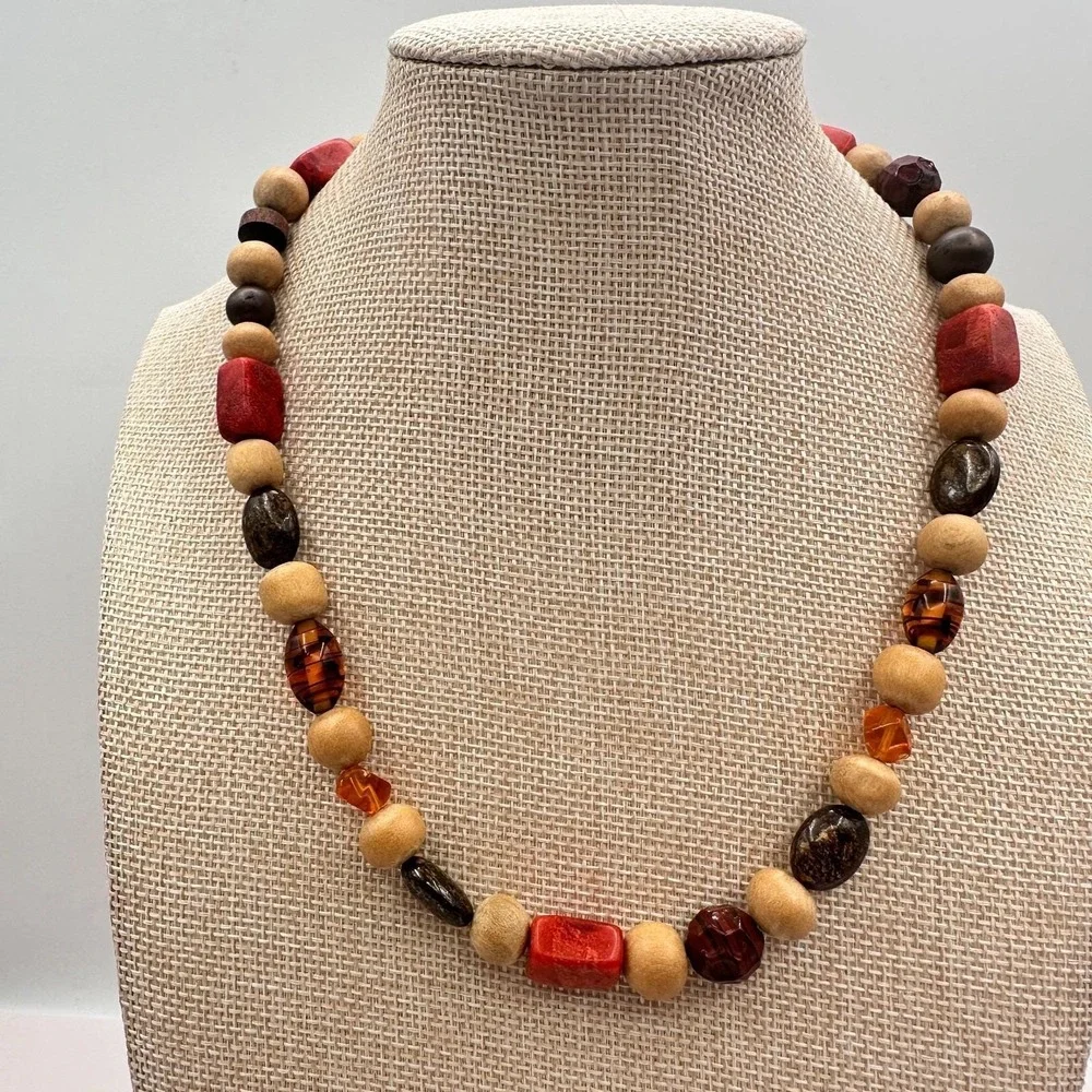 Vintage Y2K‎ Eclectic Earthy Necklace Jasper Wood Amber Natural Beaded Jewelry